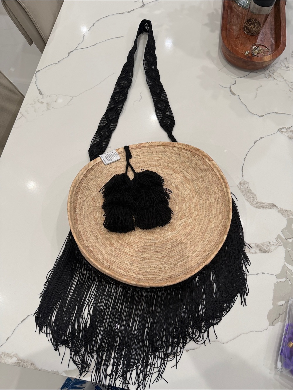 Round Straw Crossbody Bag with Black Fringe and Tassels